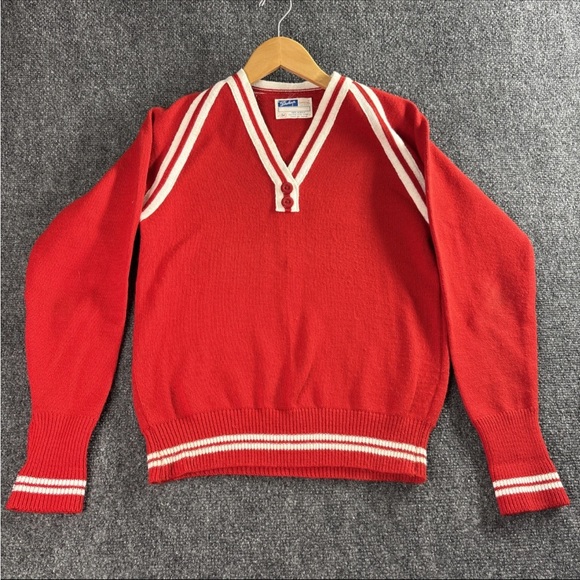 Classic Red V-Neck Sweater with White Stripes